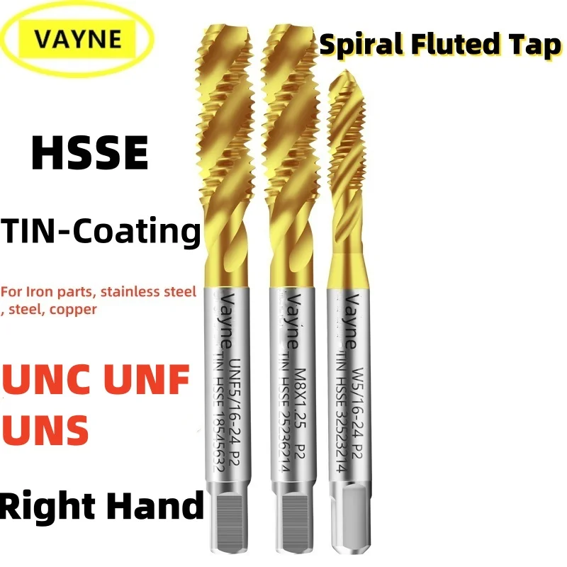 

1pcs HSSE American TIN-Coating Spiral Fluted Tap UNF UNC UNS 0-80 1-64 10-48 1/4 3/8 1/2 9/16 3/4 Machine Fine Screw Thread Tap