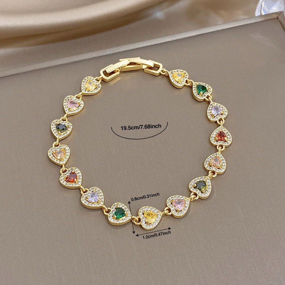 Greatera Damenarmband aus Kupfer mit Herzanhänger, zierliche, farbenfrohe Zirkon-Handkette, Party, klassisch, romantisch, wasserdichter Schmuck – Detail 7