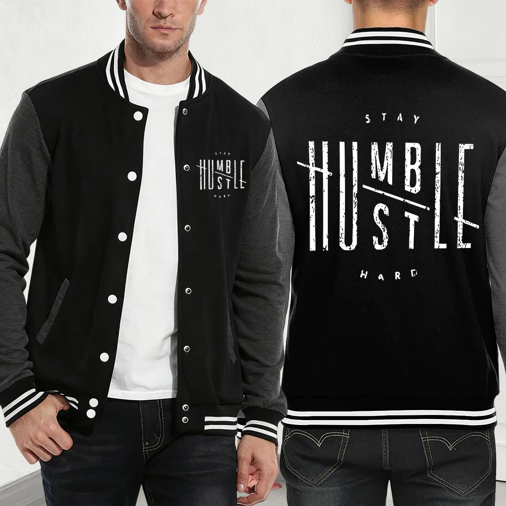 

Бейсбольное пальто с твердым принтом Stay Humble Hustle, мужские зимние свободные куртки, базовые флисовые теплые топы, повседневная мужская одежда с карманами