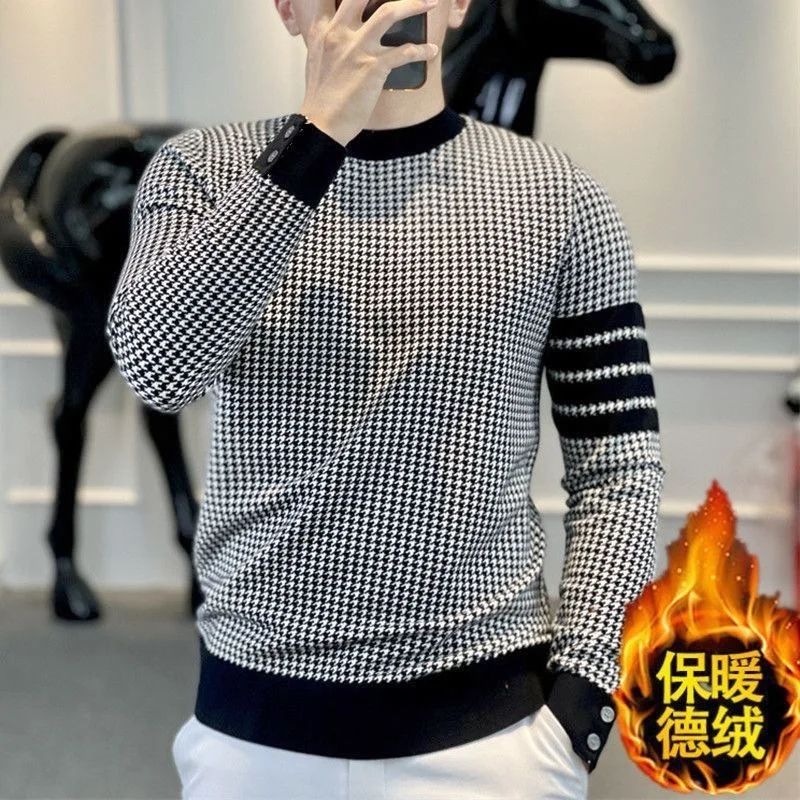 Mens Fashion Houndstooth Round Neck Sweatshirt Double Sided Velvet Warm Top