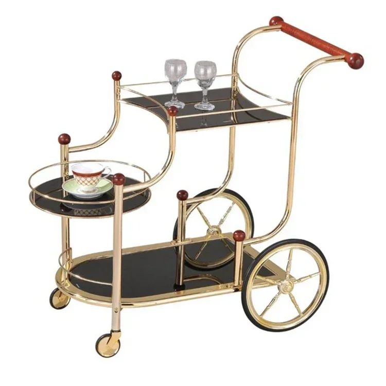 Bar Cart Furniture 2 Tier Gold Metal Kitchen Serving Bar Trolley Cart For Dining Room