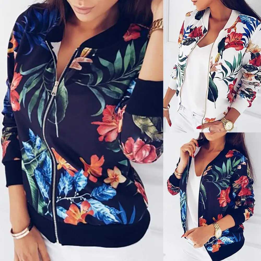 Baseball Jacket Women Fashion Flower Leaves Print Sports Coat Women Long Sleeve Jacket Zip Coat Baseball Uniform Girl Outwear