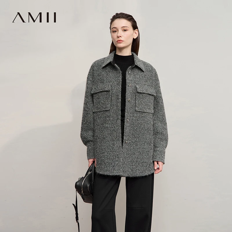 

AMII Elegant Women's Coat 2025 Winter New Casual Turn-Down Collar Women's Jacket Loose Knitted Long Sleeves Coat Ladies 12554016