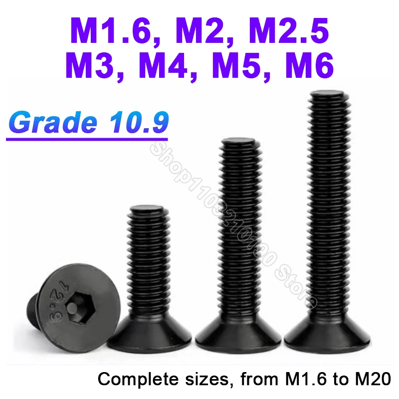 

10-50Pcs Hexagon Hex Socket Countersunk Flat Head Screw M1.6 M2 M2.5 M3 M4 M5 M6 Black Grade 10.9 Allen Furniture Bolts DIN7991