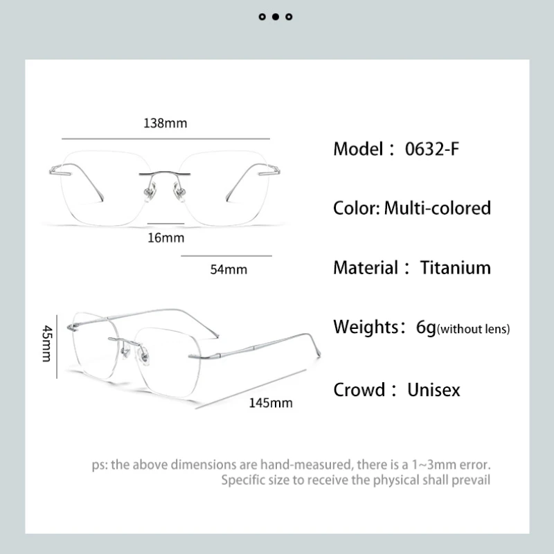 Ultra-light Titanium Rimless Myopia Frames Unisex Simple Square Frames Reading Glasses Customized Prescription Glasses