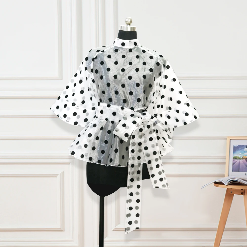 Women White Tops Polka Dot See Through Blouse Peplum Half Flared Sleeves Waist Belt Summer Fall Loose Casual Female Clothes New