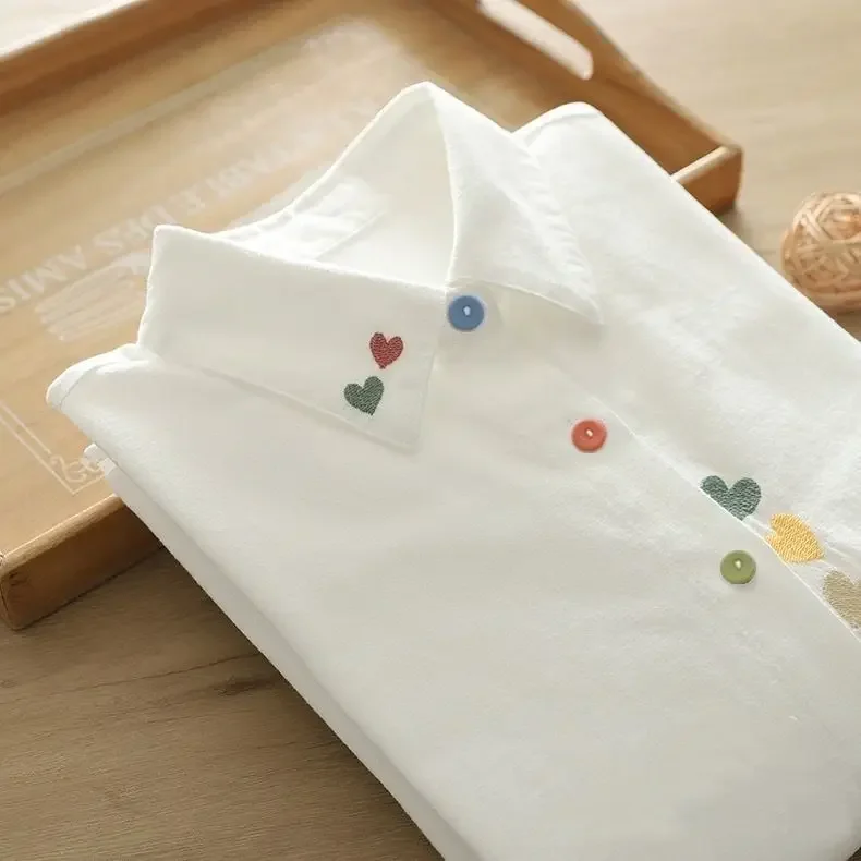 Cotton Cartoon Pattern Embroidered Shirt, Spring Loose White Shirt, Women's Long Sleeved Top XQ621