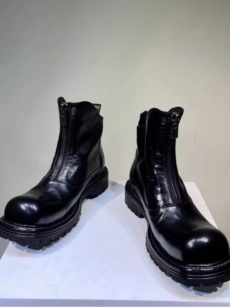 Fashion Trends Leisure Style Horsehide Platform Chelsea Mens Boots Round Toe Breathable Solid Color Mid Heel Handmade Footwear