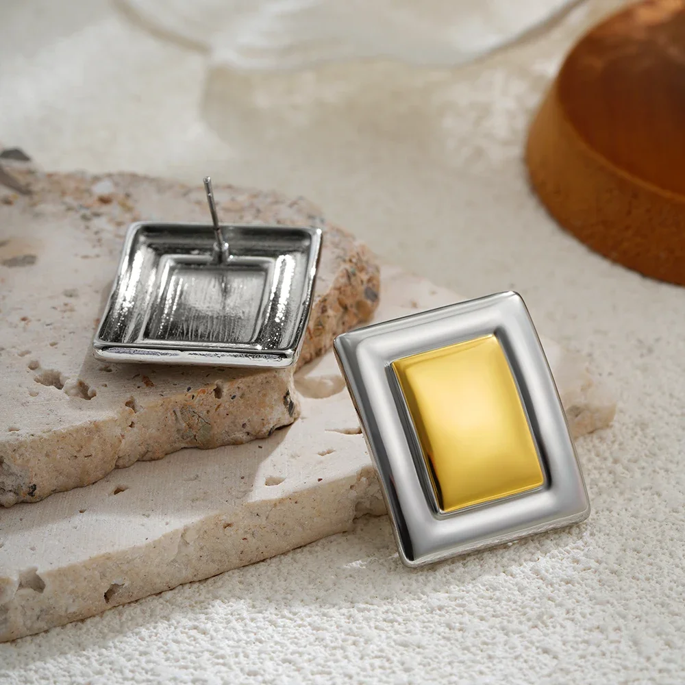 Larger Square Two-tone Stud Earrings for Women Punk Stainless Steel Geometric Hypoallergenic Earring Waterproof Vintage Jewelry