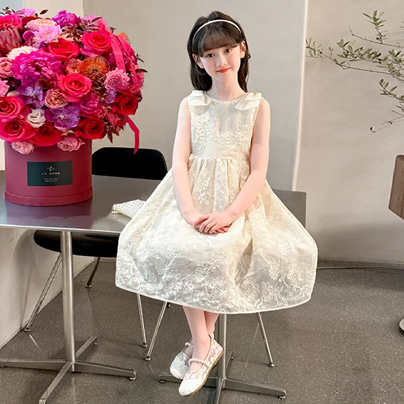 2025 New Girl's Bow Sleeveless Dress Hand Embroidered Children's Princess Dress Summer Holiday Party Skirt