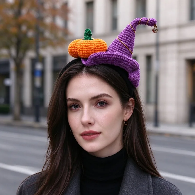 Handmade Colorful Crochet Halloween Pointed Wizard Witch Pumpkin Headband Custom Funny Knitted Cosplay Festival  Hair Accessory