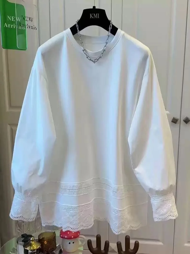 

Lace Trim Loose Fit White T-irt Base Layer Top Women's Inner Wear Spring 2025 Casual Sle Long Sve round Ne Color