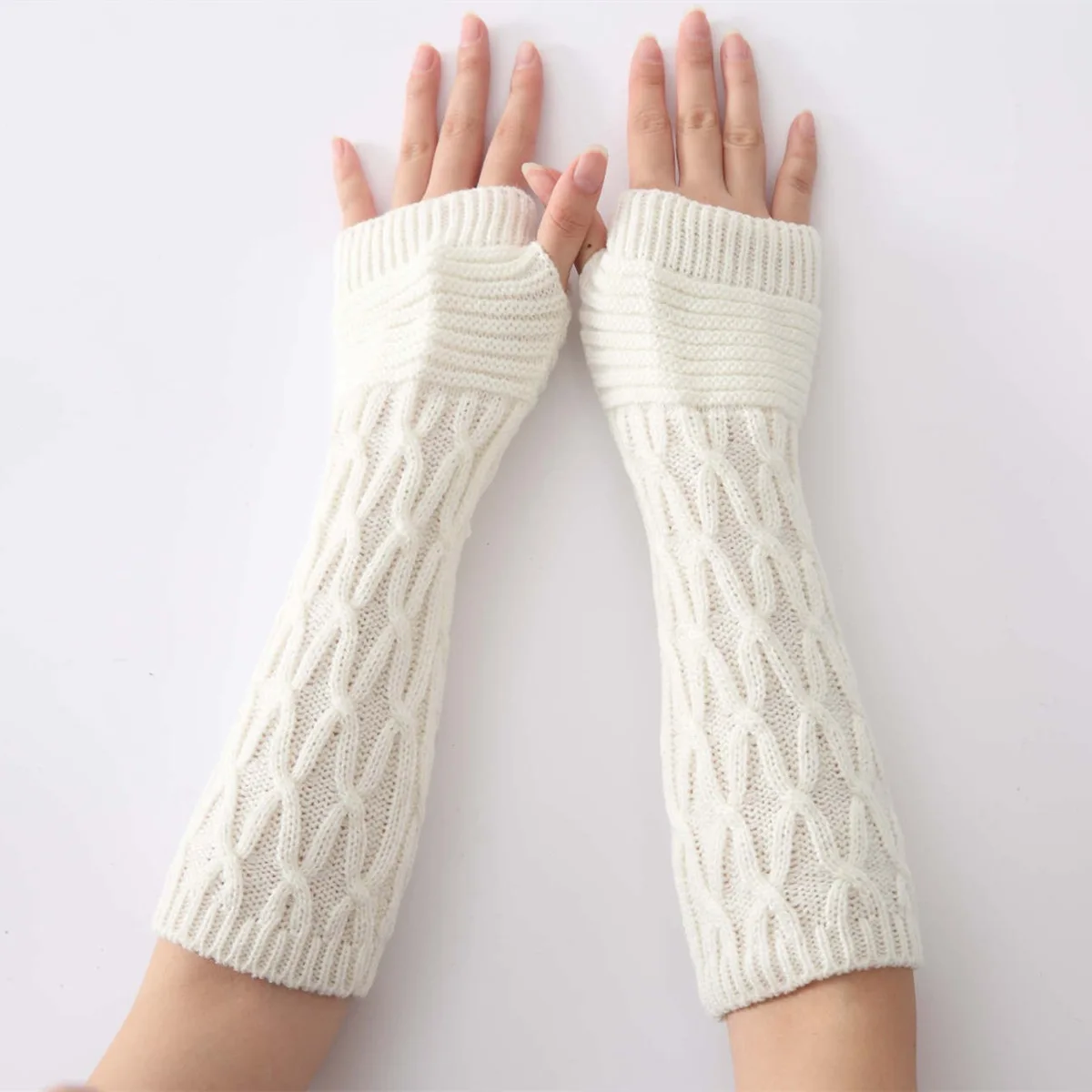 OVTRB Women Girl Arm Warmer Winter Autumn Crochet Arm Sleeve Knitted Mitten Thumb Hole Fingerless Glove Wrist Warmer