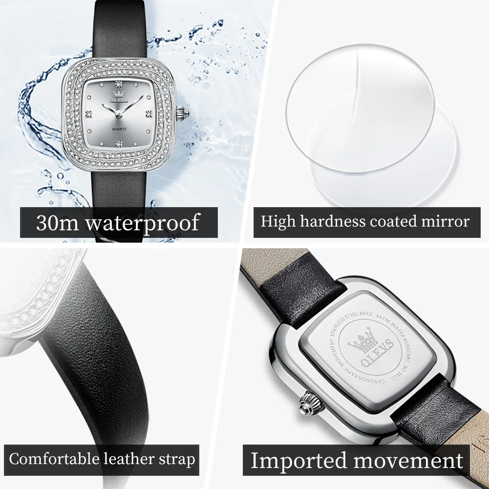 OLEVS Luxury Square Watch for Woman Waterproof Ladies Watch Fashion Diamond Leather Strap Quartz Women's Watches Female Reloj