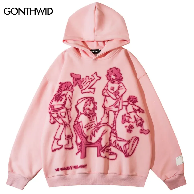 2023 Men Streetwear Pink Hoodie Sweatshirt Funny Cartoon Graphic Hoodie Autumn Harajuku Anime Hooded Pullover Hip Hop Hipster