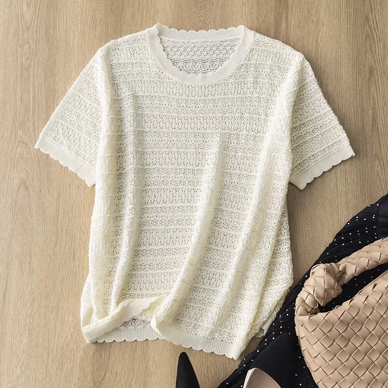 Summer New Short Sleeve Women's Round Neck Thread Hanging Flower Short Sleeve Fashion Solid Color Knitted Tank Top T-shirt