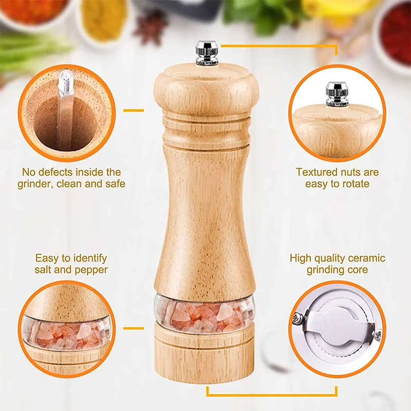 6 Inches Solid Wood Salt Pepper Mill Sets Manual Pepper Grinder Freshly Ground Seasoning Spices Mill Ceramic Core Pepper Grinder