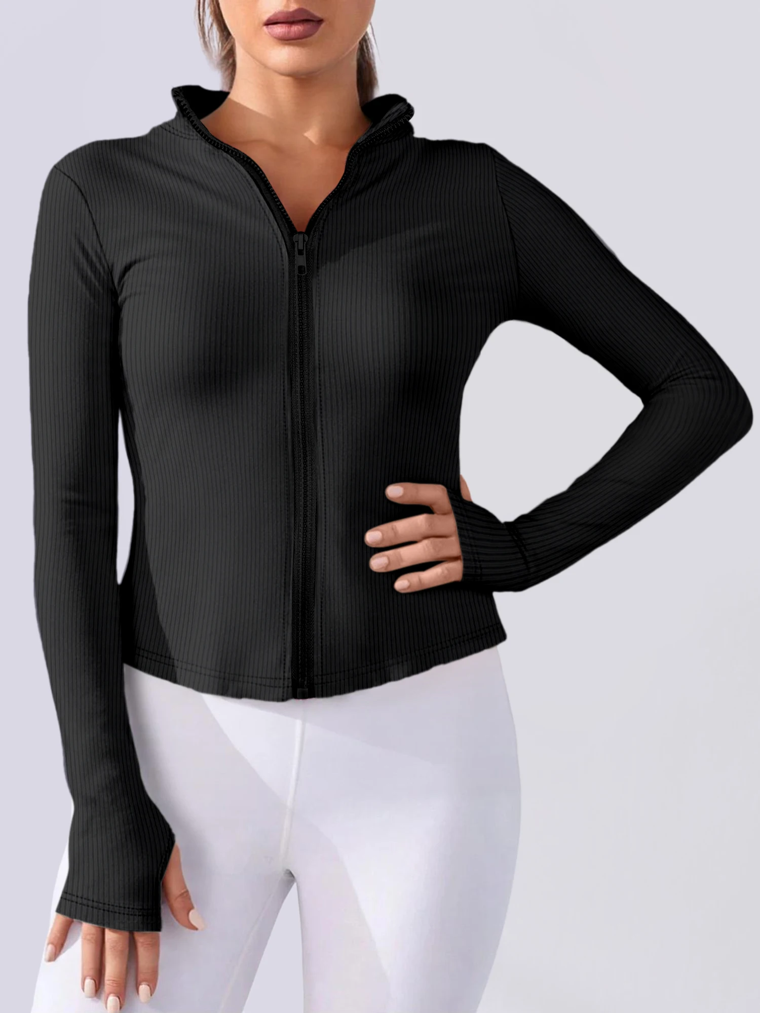 Y2K Clean Aesthetic Women Slim Rib Crop Zip Top Full Zipper Long Sleeve Solid Casual Yoga Outer Jacket