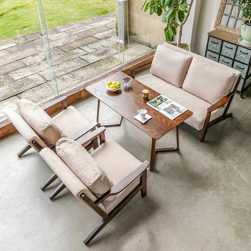 

Cafe solid wood sofa table and chair combination, retro milk tea shop to negotiate leisure book bar rest area bed and breakfast