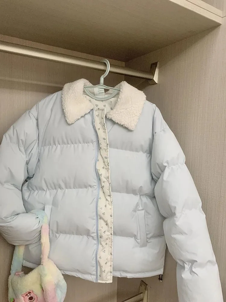 ブルーフローラルスイートパーカー女性毛皮の襟パッチワーク韓国プレッピーパフィーコート冬厚い学生かわいいジッパー長袖トップ