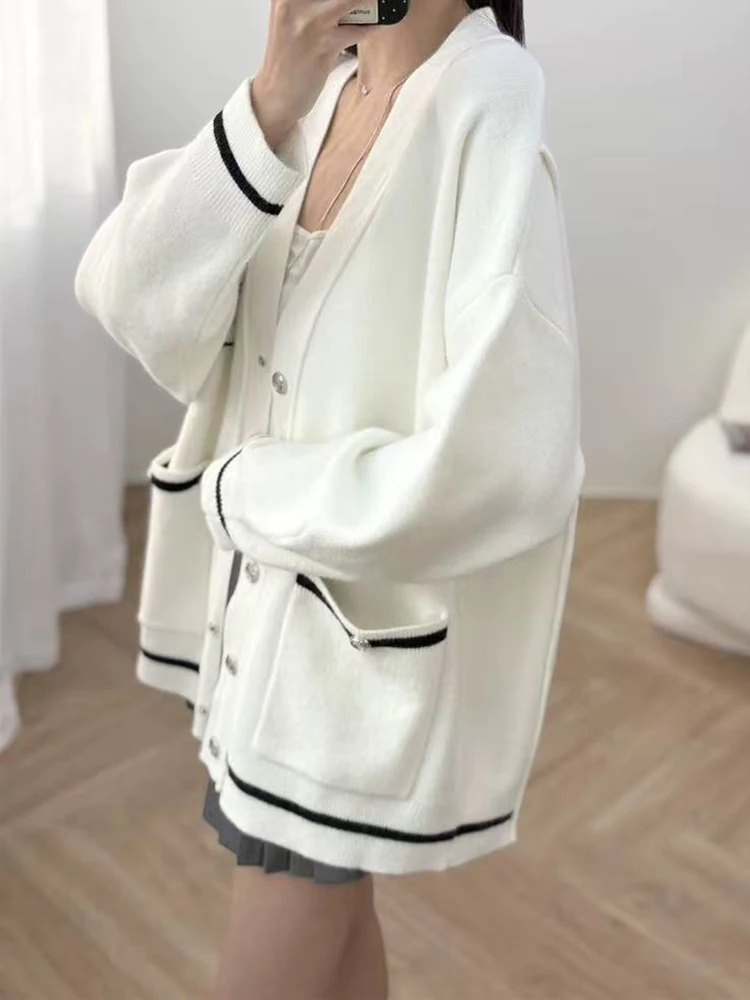 

Осень-зима 2025 г., повседневный свитер контрастного цвета, кардиган, женский однобортный однобортный свободный вязаный пальто с длинными рукавами и вышивкой букв