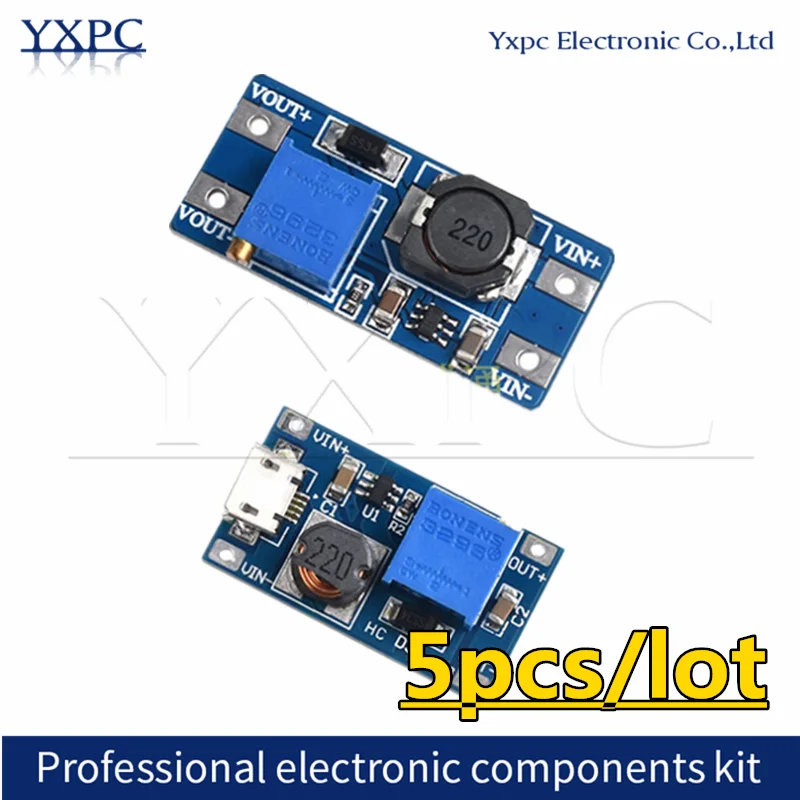 5pcs MT3608 DC-DC Adjustable Boost Module 2A Boost Plate Step Up Module with MICRO USB 2V-24V to 5V 9V 12V 28V MAX output 28V 2A