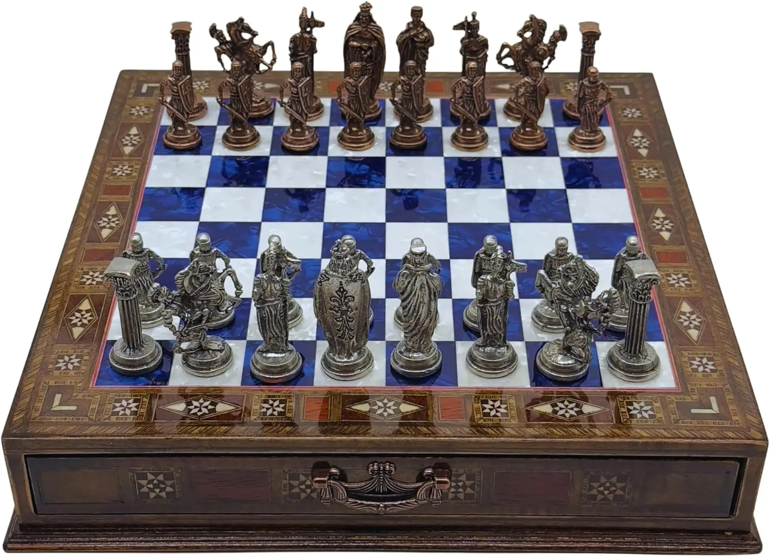 15’’ Handmade Chess Set with British Army Metal Chess Pieces, Luxury Storage Chess Board, for All Ages, Ideal for Father, (Blue)