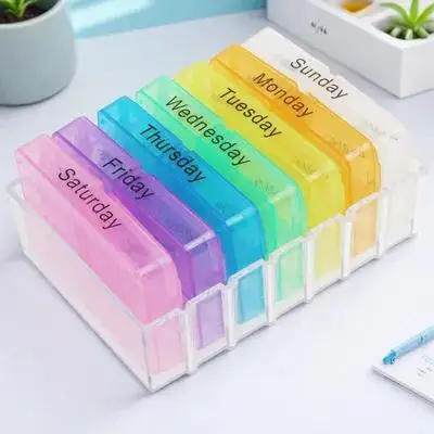 7 Day Weekly Medicine Storage Case Portable Tablet Pill Organizer Box 28 Compartments Drawer Coded Breakfast Lunch