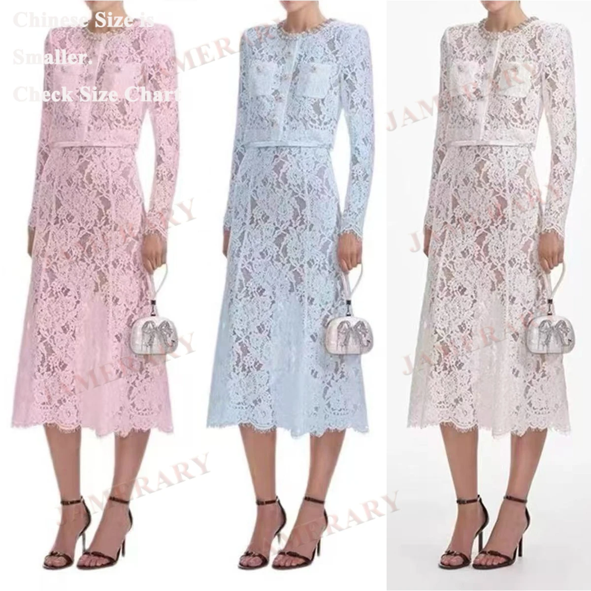 

Crochet Lace Long Dress Two-Piece Set Women Summer Autumn See Through Sequin Crystal Jacket Tops Mermail Fishtail Skirt Suits