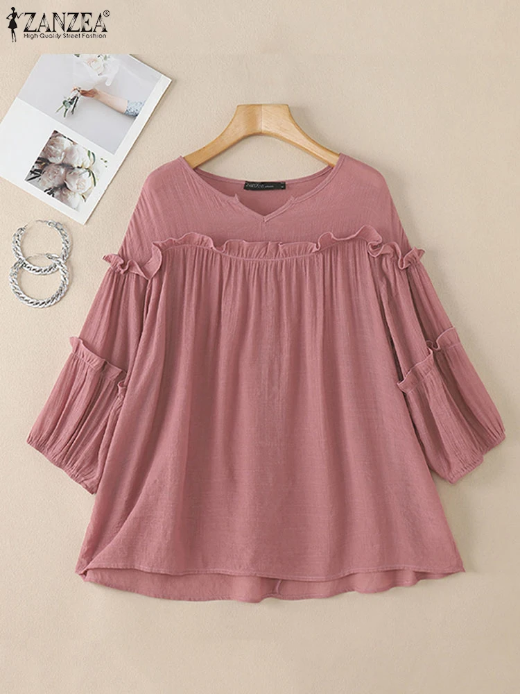 2025 ZANZEA Vintage Women V Neck 3/4 Sleeve Shirt Spring Summer Ruffles Hem Blusas Solid Blouse Casual Loose Holiday Tops Tunic