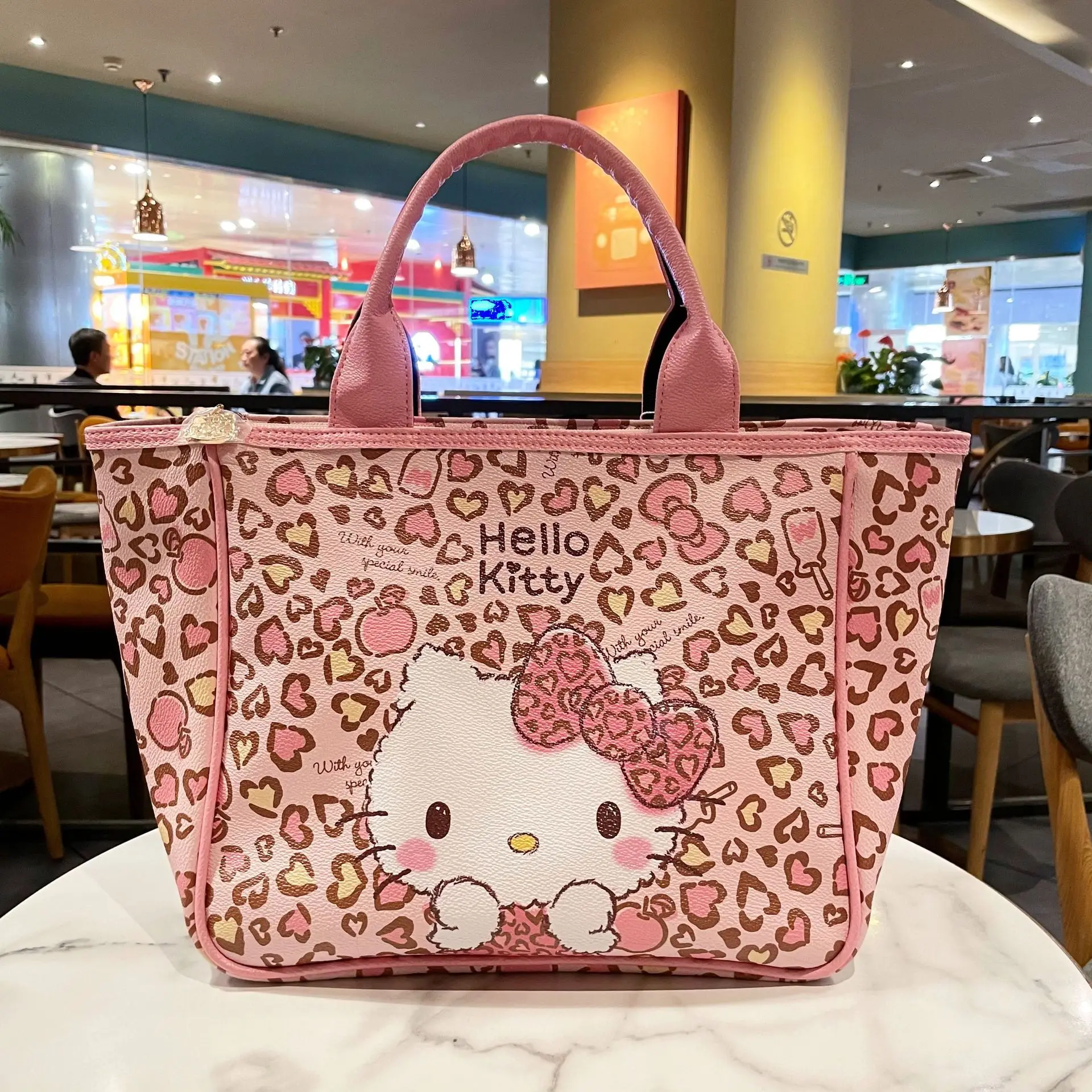 Kawaii Hello Kitty Sanrio Handbags Shoulder Bag Massage Bags Pink Leopard Pu Handbag Large Capacity Commuter for Women Girls