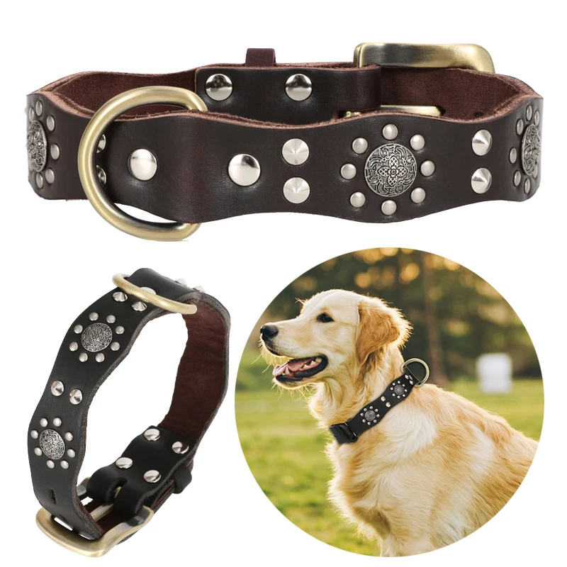 Retro Genuine Leather Pet Collar For Medium Dogs Spiked Studded Dog Collar Anti-bite Pet Necklace For Border Collie Labrador