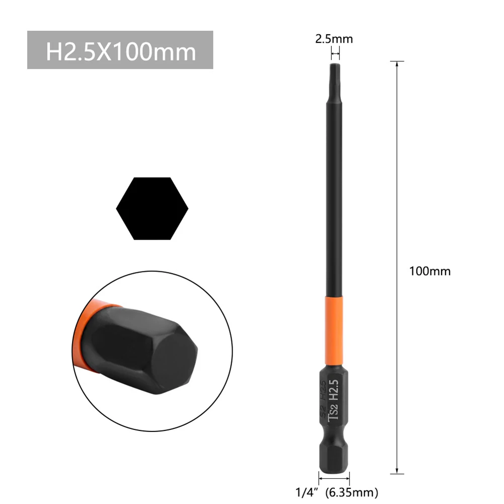 육각 헤드 전기 렌치 드릴 비트, 미터법 전기 스크루 드라이버 비트, 합금강 H2.5 H3 H4 H5 H6 수공구, 100mm, 1 개