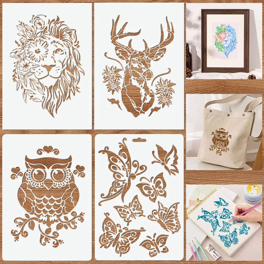مجموعة واحدة مكونة من 4 قطع من استنسل الحيوانات والفراشات القابل لإعادة الاستخدام مقاس 8.3 × 11.7 بوصة - قوالب رسم يدوية للنسيج والخشب وسجل القصاصات وفن الحائط