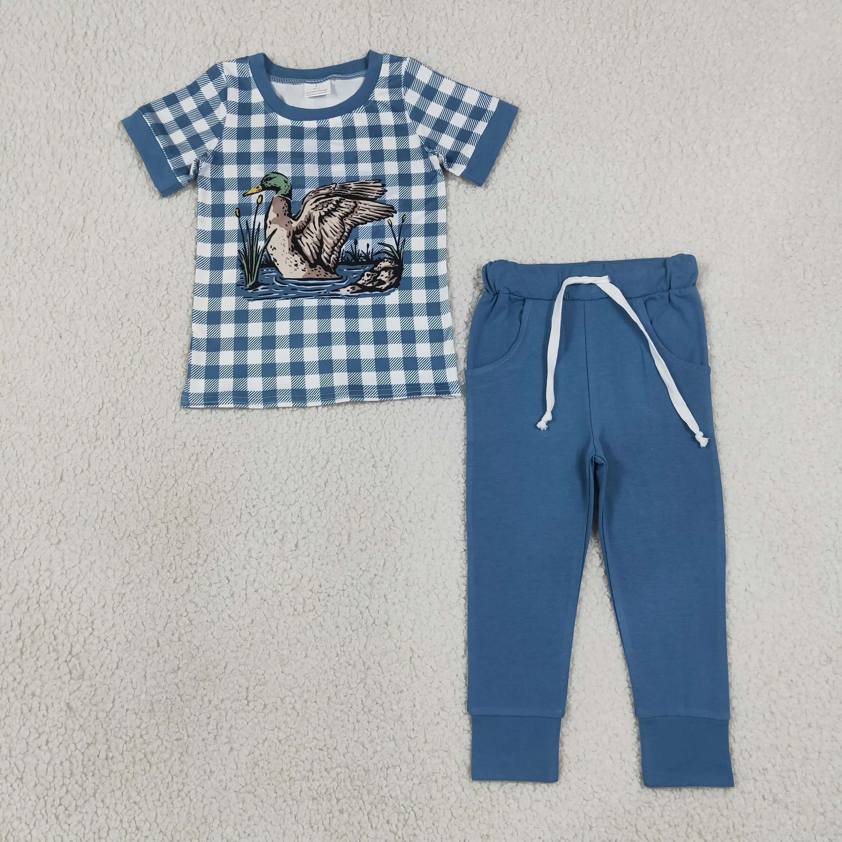 Wholsale Baby Boy Outfit Kids Short Sleeves Ducks Plaid Shirt Set Toddler Children Pockets Pants Blue Clothes