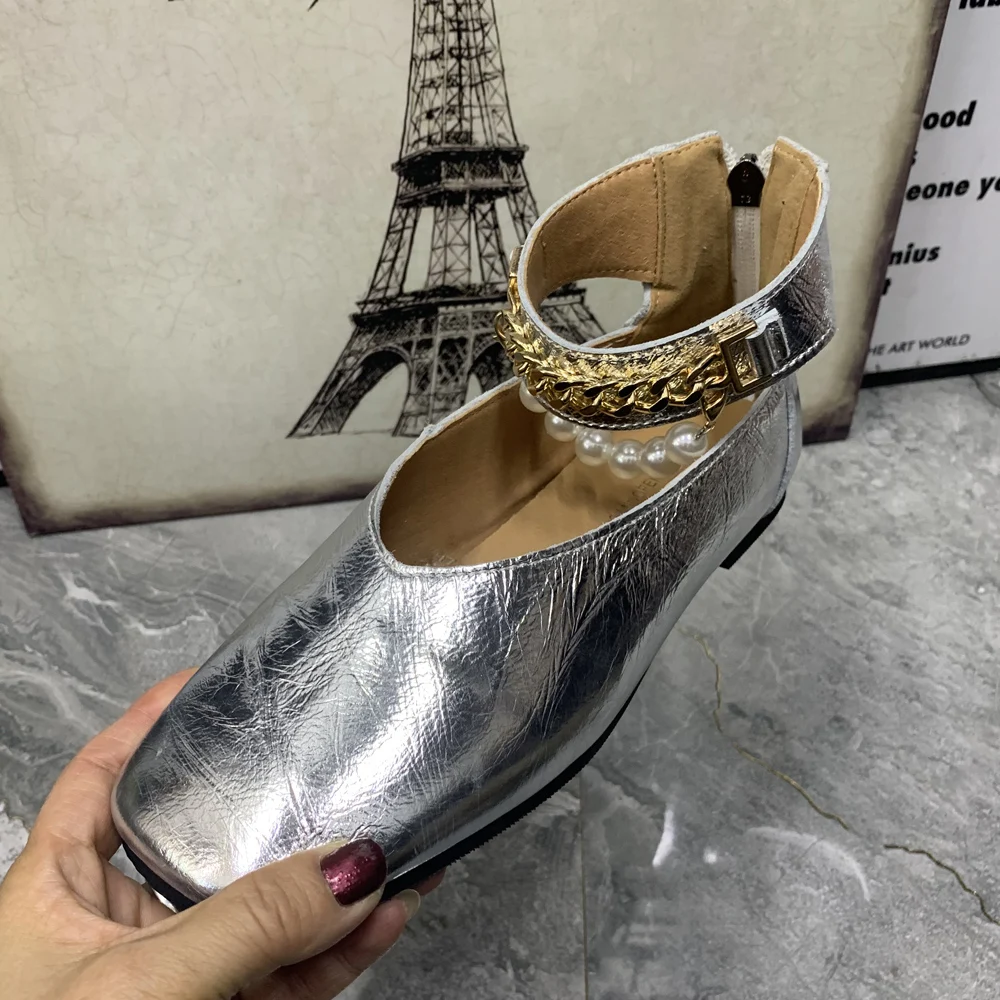 Fashion Leather Women Shoes Plus Size Casual Female Flat Shoes Antislip Pearl Designer Shoes