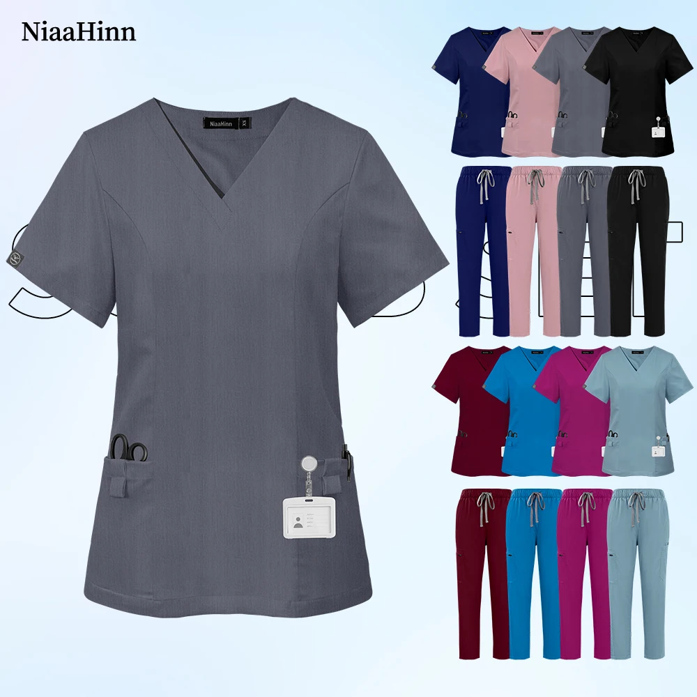 Niaahinn Nurse Accessories Anti Wrinkle Washable Scrub Uniforms Hospital Medical Surgery Doctor Costume Women Surgical Work Sets