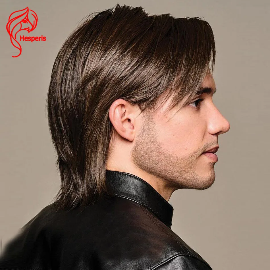 

Hesperis Brown Human Hair Wigs For Men Brazilian Remy 13x6 Lace Front Wig With Side Bangs Layered Cut Men Wig