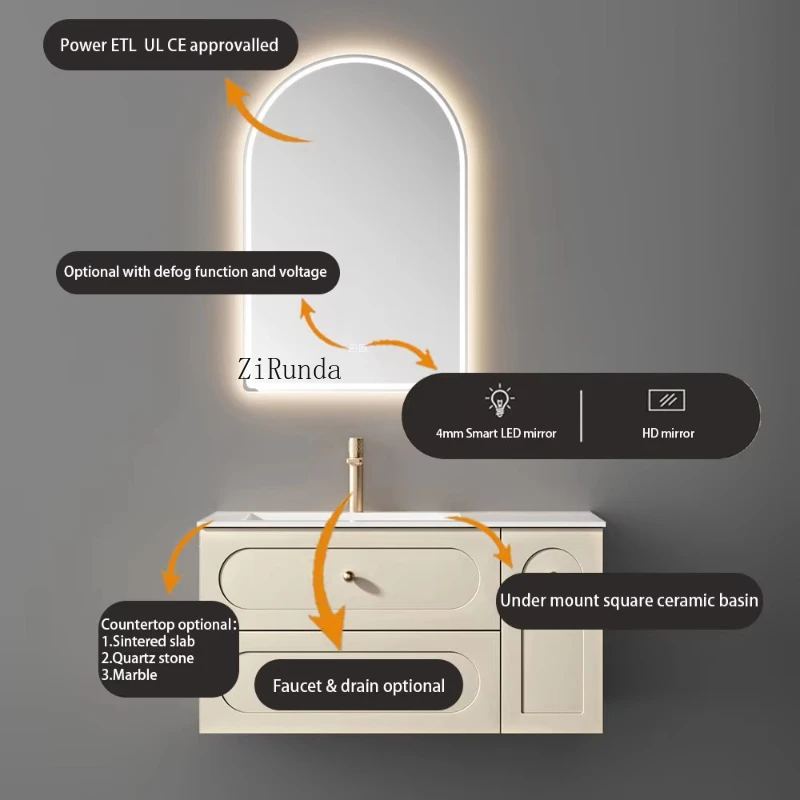 Modern Luxury Bathroom Cabinet Ceramic Basin Plywood Vanity Glass Sink Top - For Hotels