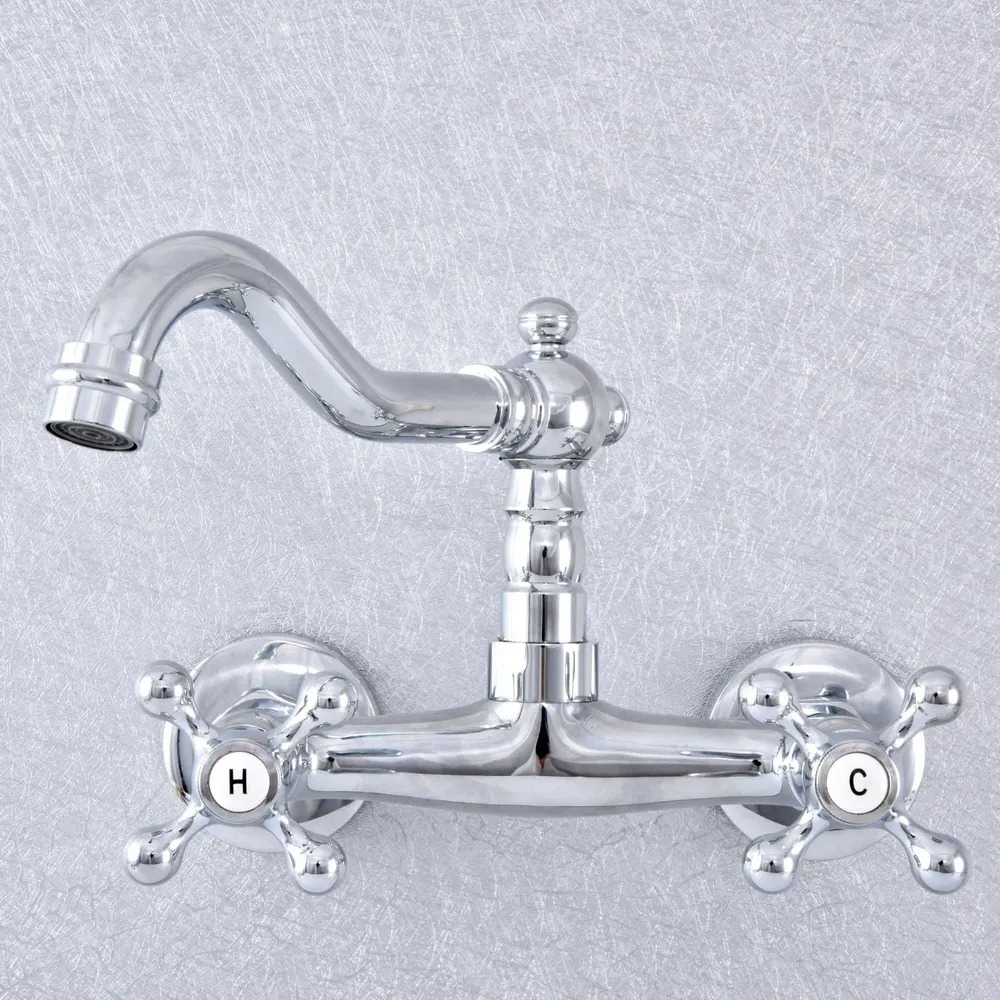 Silver Polished Chrome Brass Wall Mounted Dual Cross Handles Swivel Spout Kitchen Bathroom Vessel Sink Faucet Mixer Taps asf777