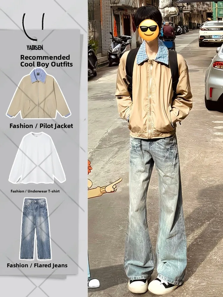 

Мужские джинсы в американском стиле High Street с принтом Lightning Cra, прямые брюки с микро-клешем, осенний комплект, низкая посадка, на молнии