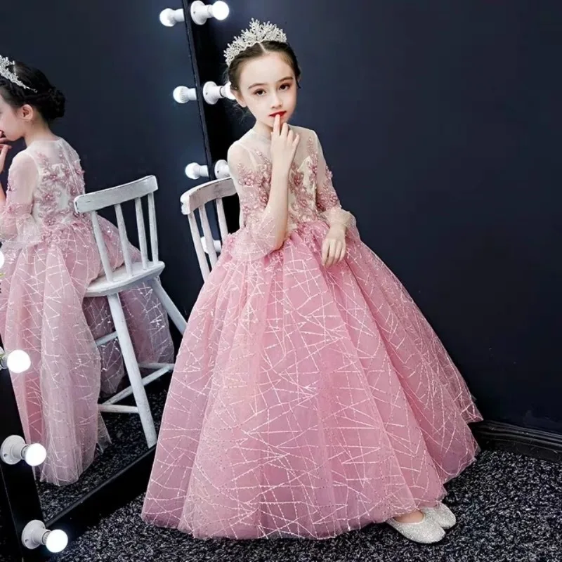 Girls' Dress 2024 New Princess Dress Piano Performance Puffy Flower Children's Dress Performance Dresses Flower Girl