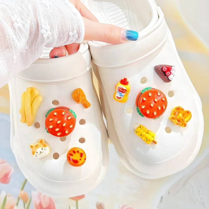 Cartoon 3D Burger Fries Resin DIY Accessories Simulated Food Theme Shoe Charms Boys Girls Summer Beach Sandals Decorations Gifts