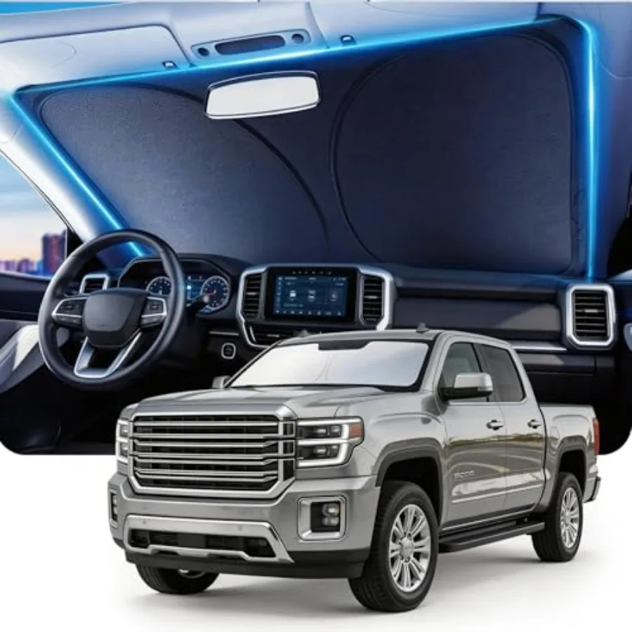 

Front Windshield Sun Shade for GMC Sierra 1500 2500 3500 2014-2026,[Nano Ice-Crystal Coatings] UPF50+ Heat and UV Block, Protec