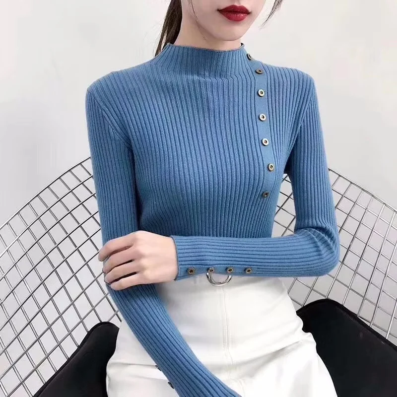 2024 Autumn Knitted Slim Women Sweaters Solid Female Cotton Soft Elastic Color Pullovers Button Full Sleeve Turtleneck Knitwear