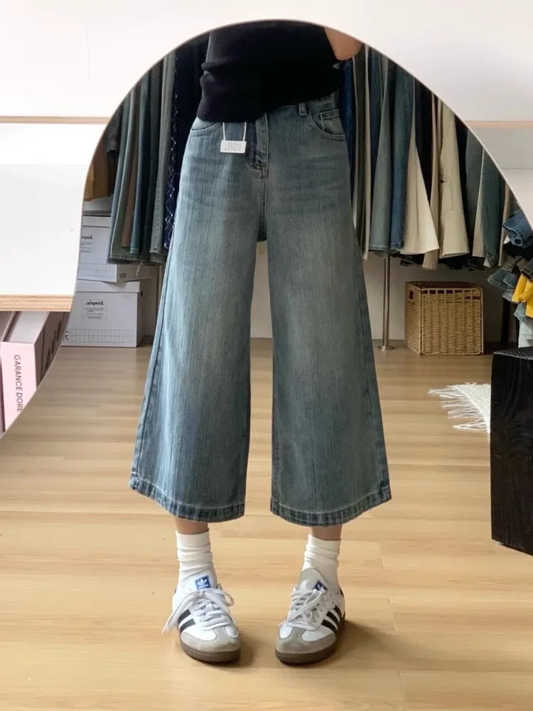 ハイウエストワイドレッグクロップデニムジーンズ レディース ルーズフィットストレートレッグパンツ 秋新作 スリープラスサイズ ストリートファッションジーンズ