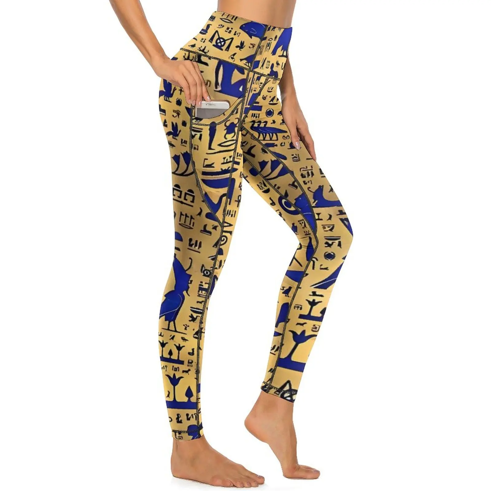 Oude Egyptische kunst yogabroek Lapis Lazuli en gouden legging Hoge taille Mode Yoga Sportlegging Stretch Design Gymlegging