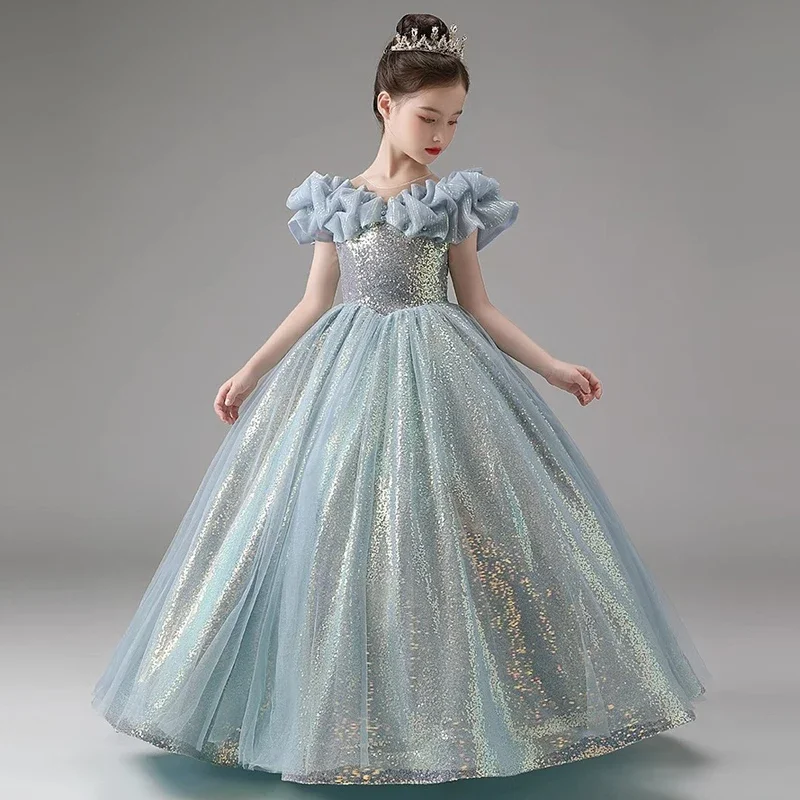 Kids Blue Princess Dress for Girls Children Birthday Party Sequin Long Evening Gowns Formal Prom Luxury Pageant Gala Dresses