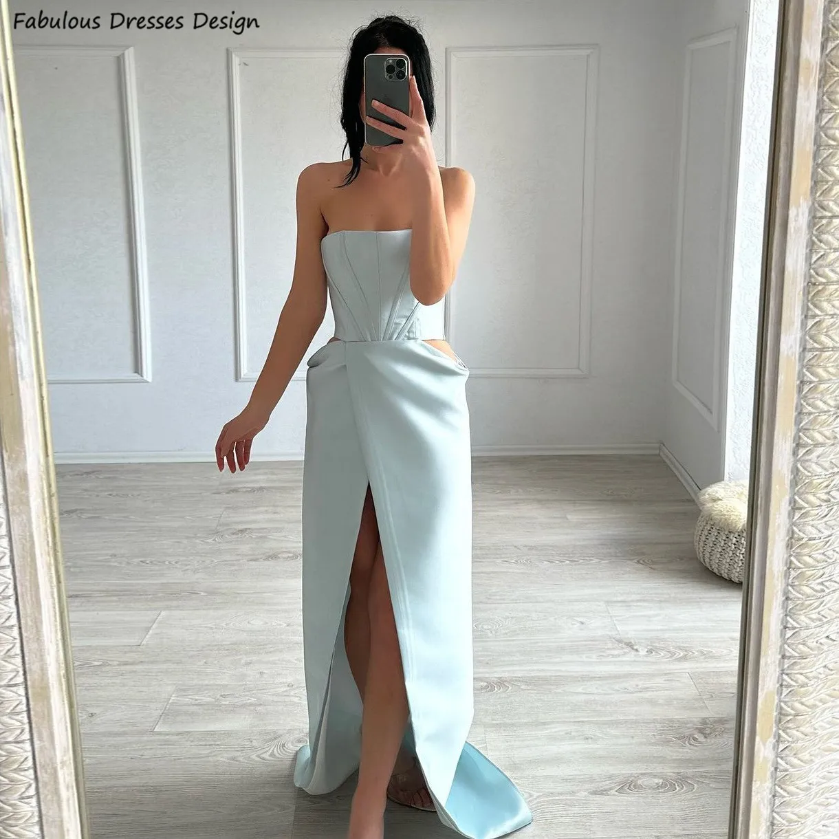 

Light Blue Satin Long Bridesmaid Dresses Mermaid Strapless Boat Neck Slit Cut Out Wedding Guest Dress For Women Pron Party Gown