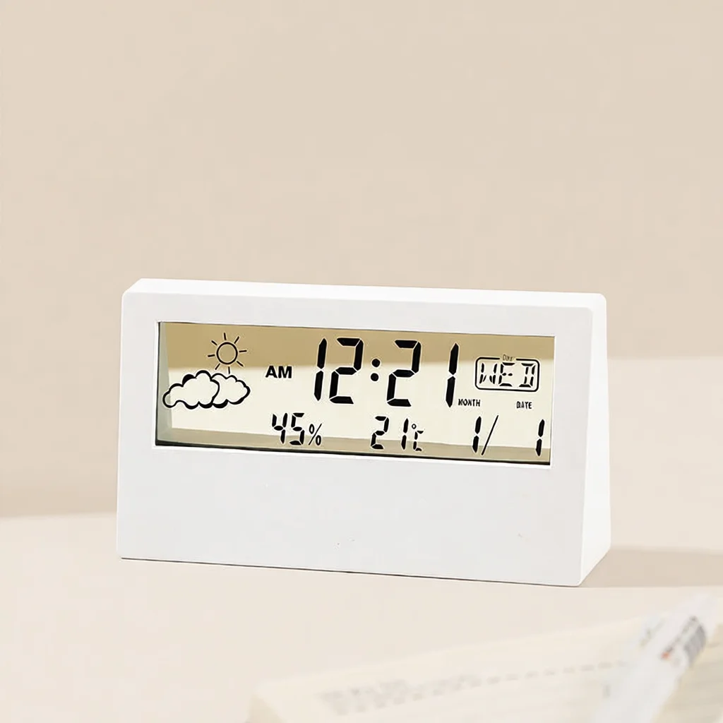 Minimalist LCD Digital Alarm Clock Large Screen Desk Clock Silent Operation Indoor Temperature Humidity Monitor Modern Decor